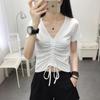V-Neck Short Sleeve Slimming Drawstring Top for Women - Summer Fashion Korean Style