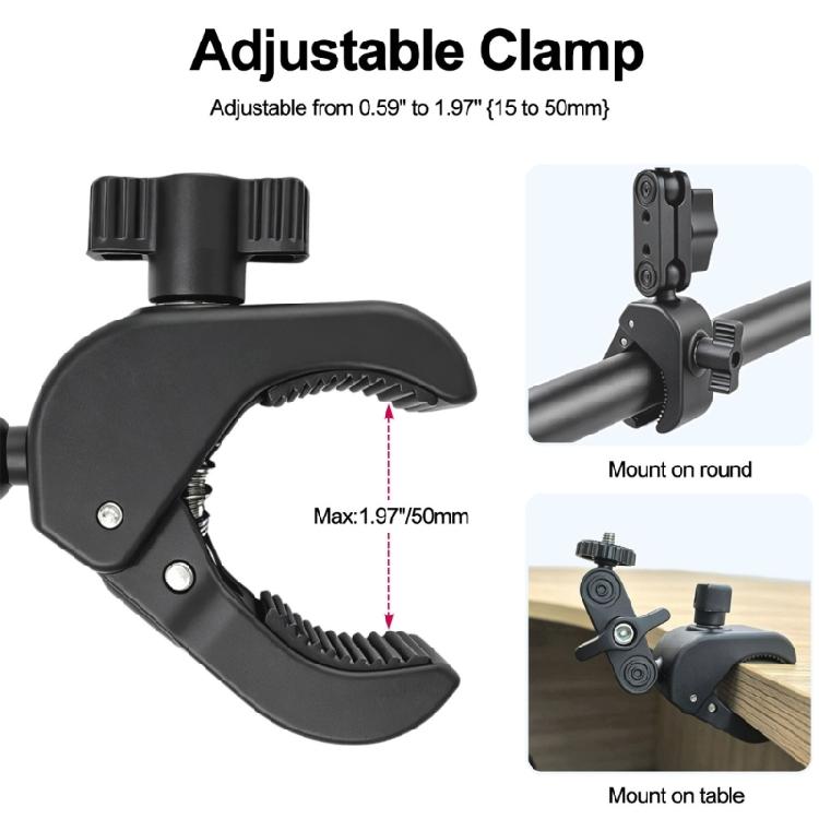Round-Tube Camera Mounting Clamp with Locking Knobs and Side Threaded Mounts for Organized Accessory Attachment
