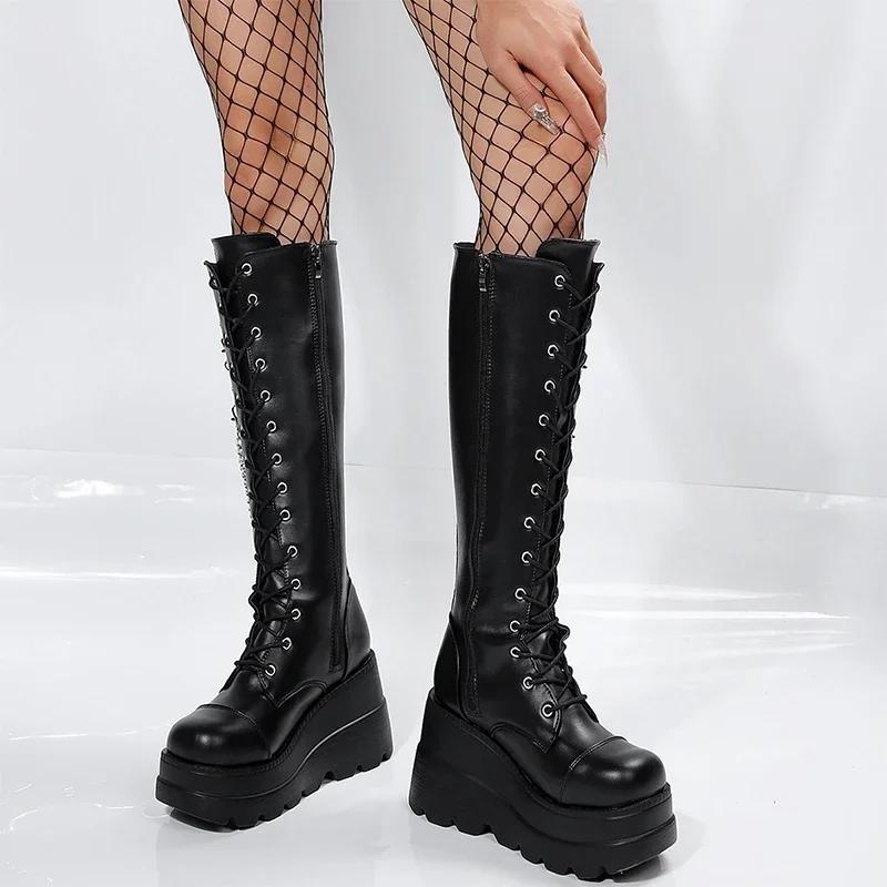 Зимние высокие каблуки Цепочка Ботильоны Челси Платформа Ботфорты Женская Роскошная Обувь Мода Новый Тренд Шнуровка Клинья Молния Ботинки