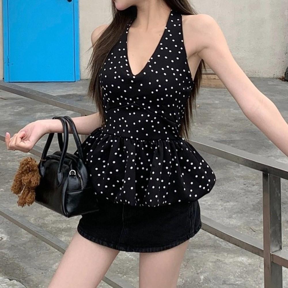 Y2k Halter Ruffle Vest Top Polka Dot Women Camisole Comfortable Sleeveless Crop Top  Female