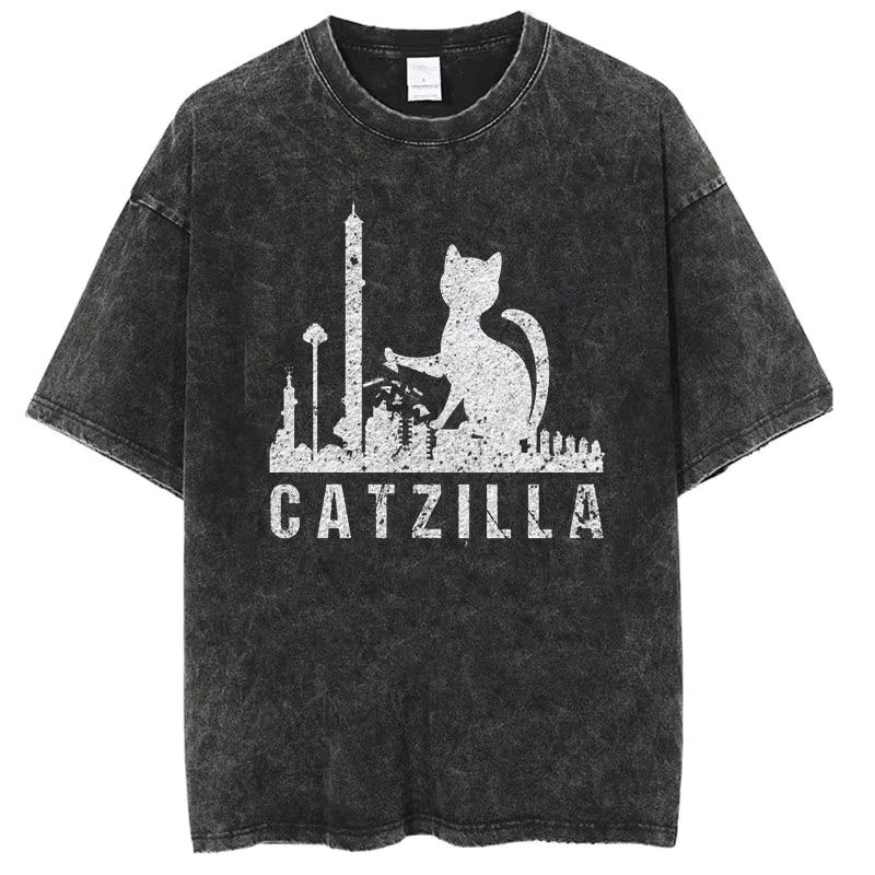 Summer America Other Old Washed Cross-border Large Size T-shirt Catzilla Monster Cat Male and Female Students Tide