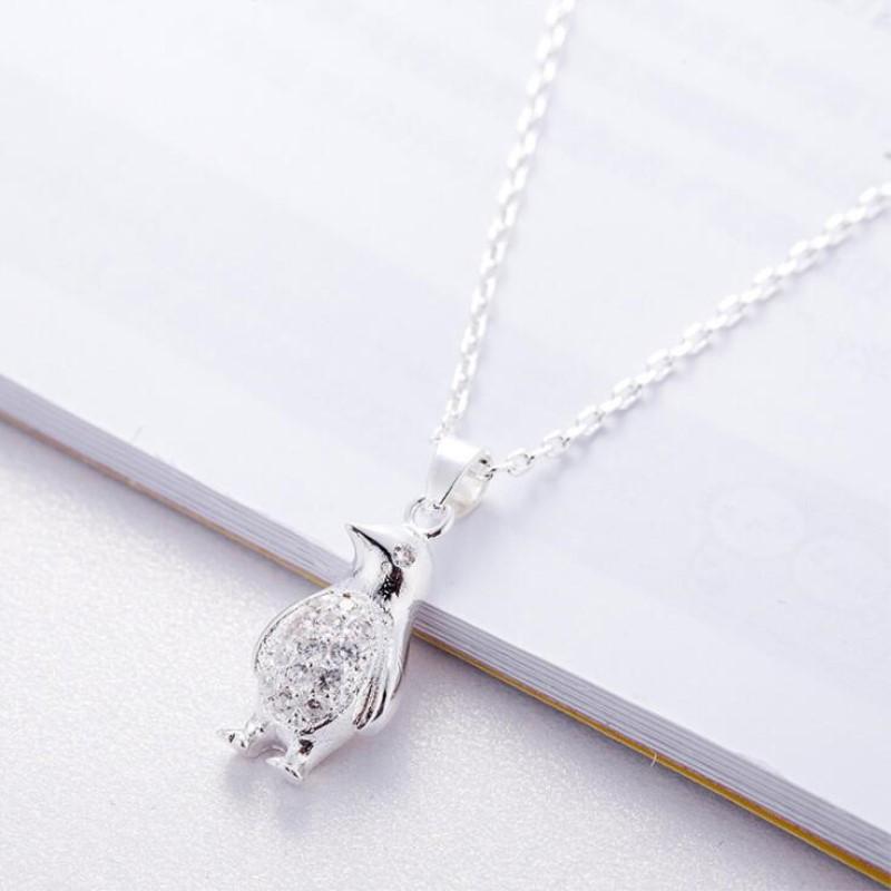 New Arrival Cute Animal 925 Sterling Silver Jewelry Sweet Penguin Crystal Dolphins Temperament Exquisite Pendant Necklaces Xl178
