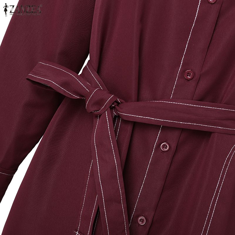 ZANZEA Женское повседневное платье с круглым вырезом, однотонное, с длинным рукавом, свободного кроя