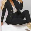 2 Pcs/Set Women Suit Coat Pants Set Lapel Button Decor Mid Length Cardigan Long Sleeve Jacket High Waist Straight Trousers Lady Formal Commute Outfit
