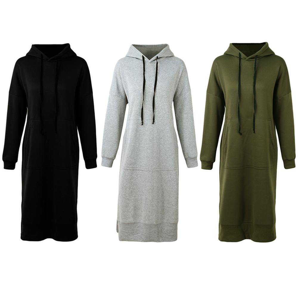 Новые женские свободные длинные толстовки с капюшоном, однотонные повседневные теплые толстовки с карманами и длинными рукавами