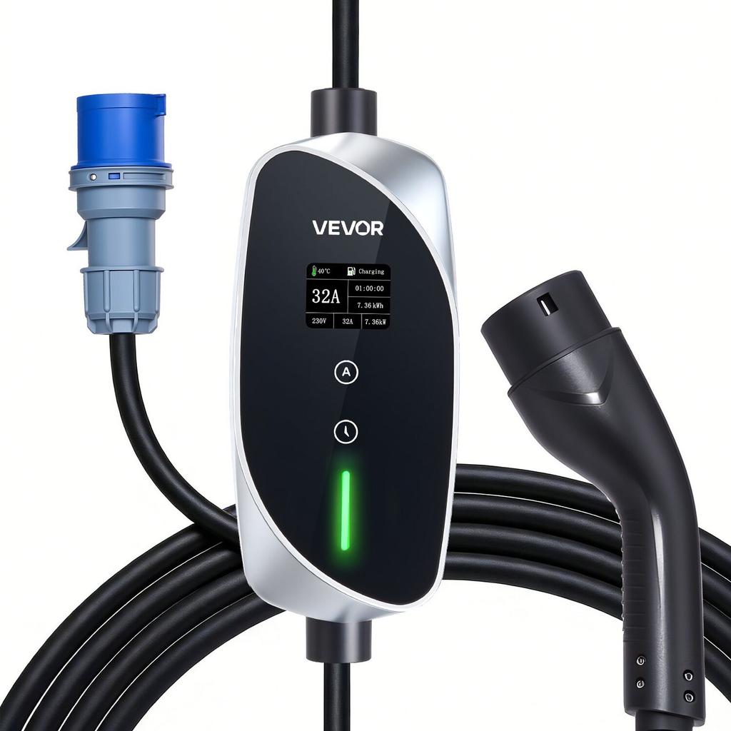 Mobile Wallbox, 7.4 kW 32A, Type 2 Portable EV Charger, Single Phase Electric Vehicle Car Charger with 6 m Charging Cable, CEE Plug, LCD Screen,