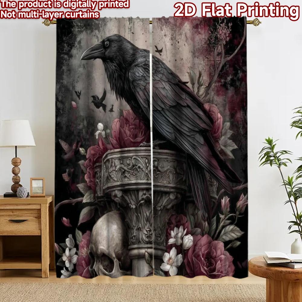 2D flat printing 2pcs Curtain Curtains Halloween Raven and Skull(1) Digital Printed Polyester Drapes Festive Curtains Perfect