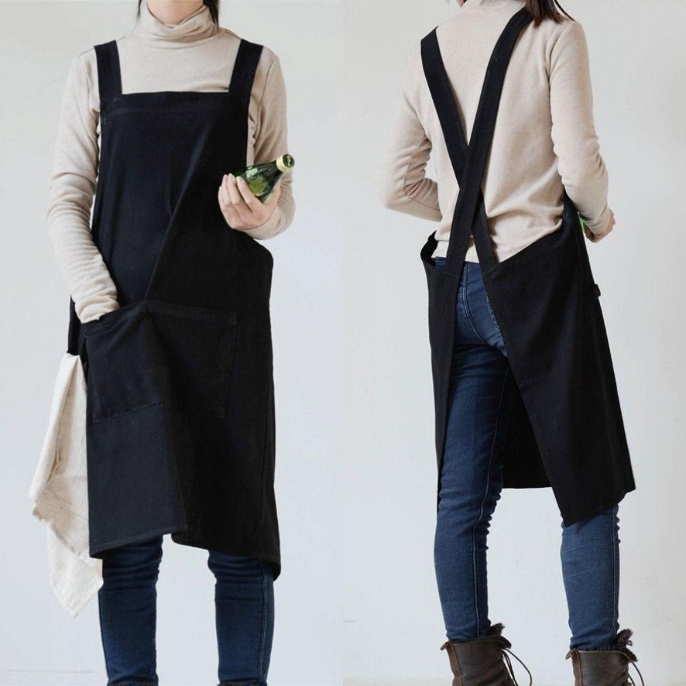 Simple Pocket Apron Cotton Household Waterproof Apron Durable Unisex Work Clothes Coffee Shop