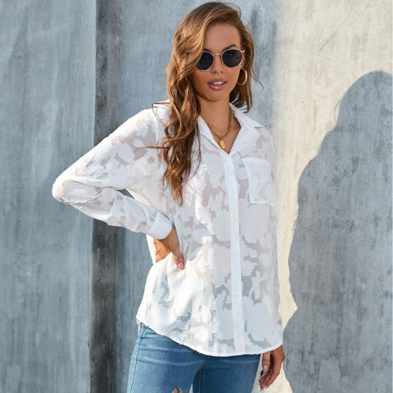 Fashion Jacquard Chiffon Elegant Shirt Office 2023 Lace Ladies Casual Blouses For Women Long Sleeve Loose Lapel Tops Mujer 27130