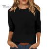 Women Casual T-shirt O-neck 3/4 Sleeve Pullover Tops Solid Color Slim Fit Tunic Tops Stretchy Tee Shirt Streetwear