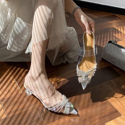 Женские туфли на высоком каблуке с острым носком и прозрачными стразами, новые, с сумкой на носке, на среднем каблуке, сексуальные, банкетные, сандалии на толстом каблуке