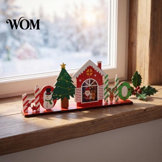 Rustic Wooden Cabin Decor Christmas Ornaments, Tabletop Decoration with Santa Claus Snowman Elk Window Display Props Designs for Home Holiday