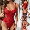 Women Sexy Bodysuit Low-cut Backless Sleeveless Thin See-through Hollow Lace Deep V Neck Spaghetti Strap Skinny Lady Wedding Night Playsuit