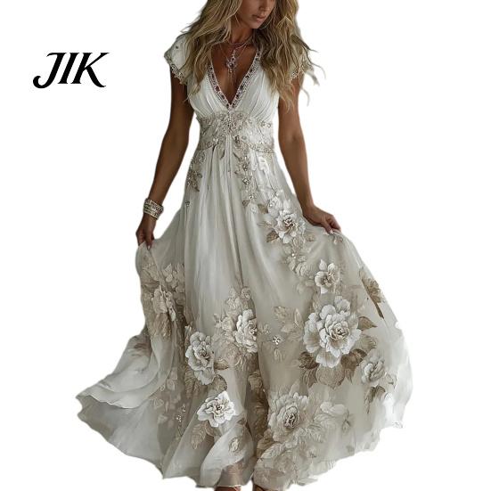 A-line Silhouette Dress Summer Floral Maxi for Women Short Sleeve V Elegant Printed Neck Swing Beach Vacation Sundress Lightweight