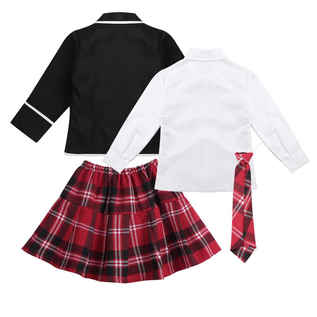 Girls School Uniform Kids British Style Japanese Anime Outfit Long Sleeve Coat with Shirt Tie Mini Skirt 4PCS Set
