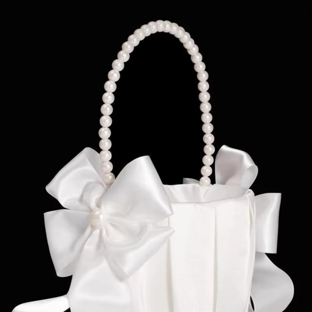 Satin White Wedding Flower Basket Rustic Bowknot Flower Girl Basket Floral Petals