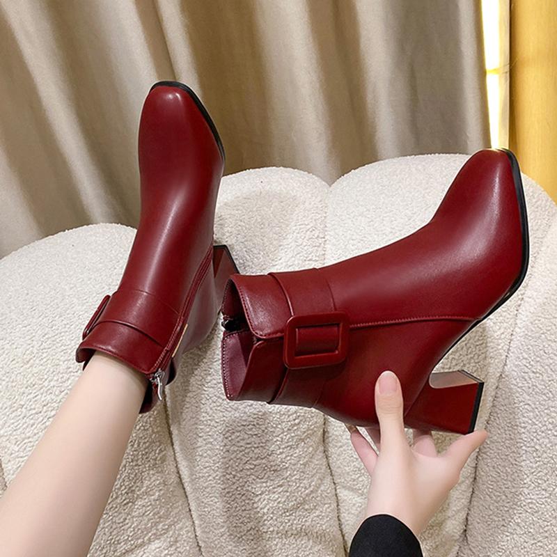 Белые ботильоны для женщин, толстый высокий каблук, круглый носок, элегантные короткие ботильоны, женские туфли-лодочки с пряжкой, Botas Femininas