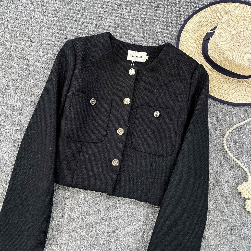 Осень Зима Женский Элегантный Маленький Ароматный Ветер Полный Рукав Однобортный Твидовый Короткий Пиджак Пальто с Карманом