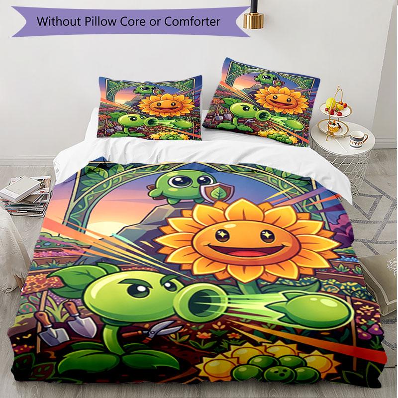 3pcs Duvet Cover Set (1*Duvet Cover + 2*Pillowcase, Without Core), Plants VS Zombies Print Soft All‑Season Bedding Set, Home Bedroom Decor Gift