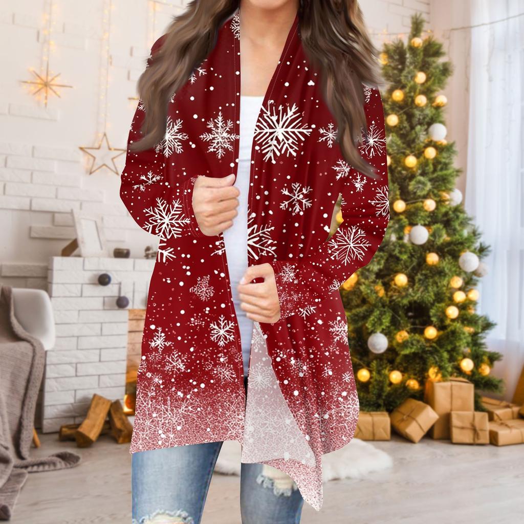 Women's Fashion Casual Christmas Print Medium Length Cardigan Jacket Coat