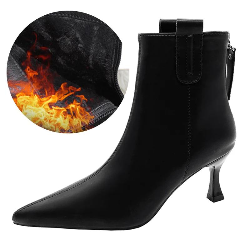 Новые короткие плюшевые зимние сапоги 2024 года, женские остроносые туфли-шпильки, черные, белые, на высоком каблуке, зимние туфли, женские сапоги