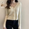 Women Autumn V Neck Long Sleeve Solid Color Cropped Single Breasted Sweater Slim Cardigan Knitwear