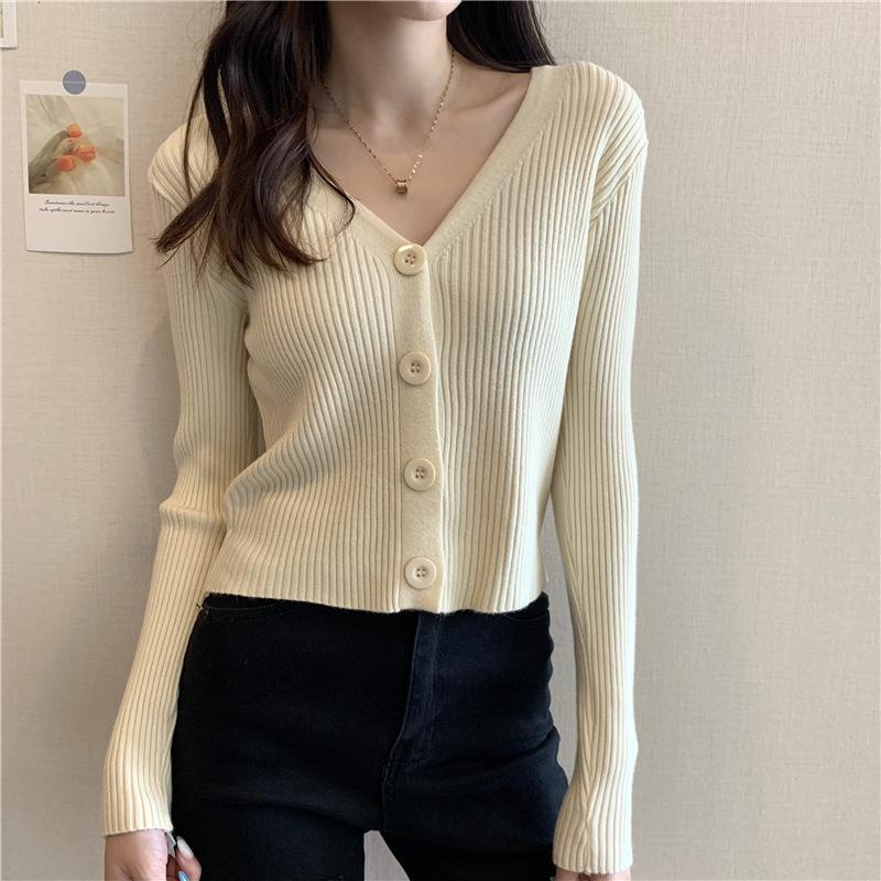Women Autumn V Neck Long Sleeve Solid Color Cropped Single Breasted Sweater Slim Cardigan Knitwear