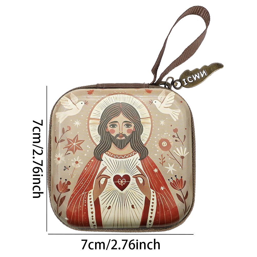 Vintage Christian Square Rosary Box with Zipper Religious Artwork,Lightweight Metal Organizer for Prayer Bead,Inspirational Gift