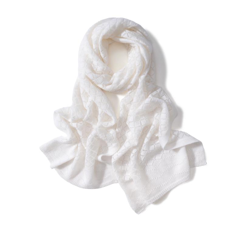 Women's 100% Cashmere Solid Color Scarf Hollow Grid Knitted Windproof Elegant Embroidery Texture Neckerchief for Ladies Banquet
