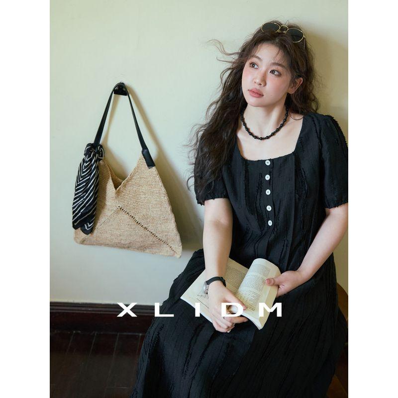 Xiao Li Plus Size Women's Line Carving Moonlight Skirt! Cut Flower Waist Slim Looking Square Collar A- line Chubby Girl's Dress Female Summer