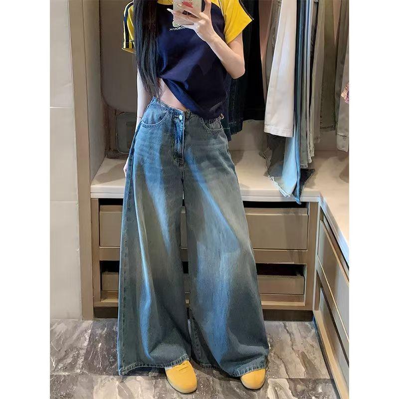 Casual Washed Denim Wide Leg Pants for Women High Waist Loose Vintage Pockets Jeans Female Trousers