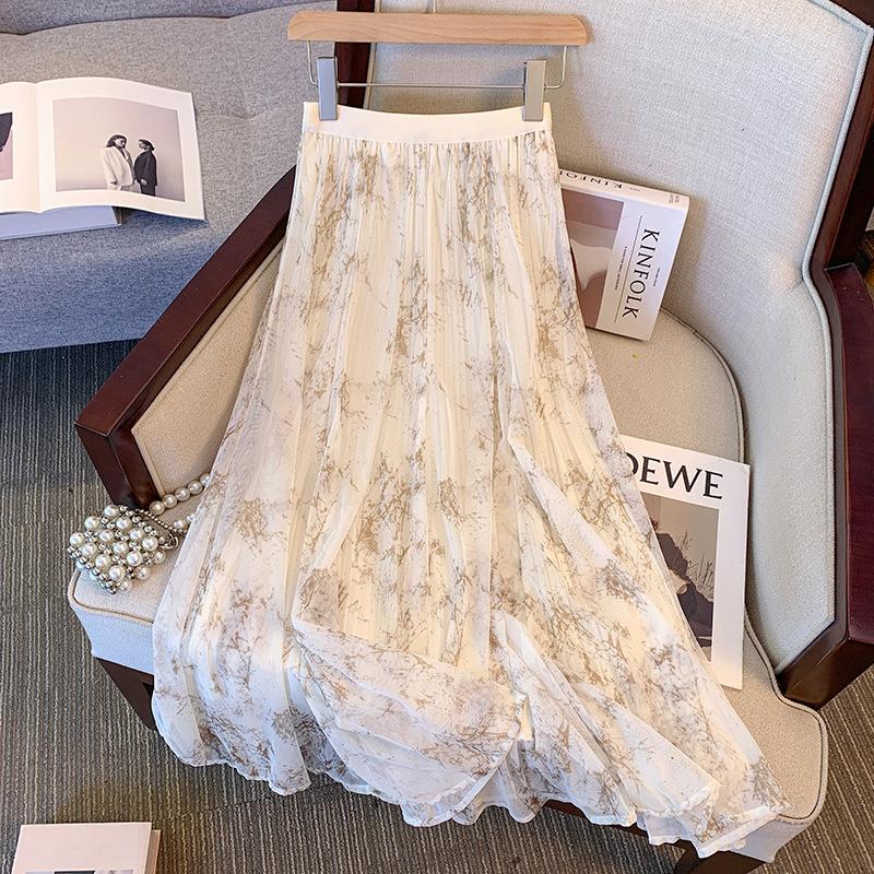 Qooth Spring Summer Chinese Ink Wash Print A Line Skirt Chiffon Printed Vintage Ankle Length Skirt QT2603