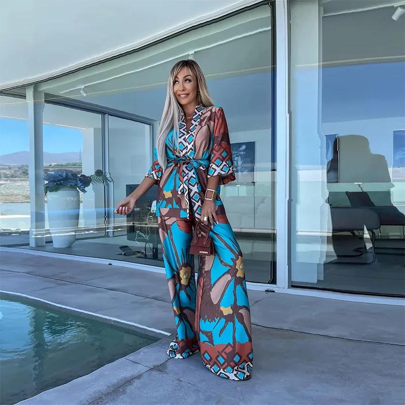 Повседневный узор с принтом, свободный, из двух частей, пижама, на шнуровке, кардиган, топы, длинные брюки, комплект для отдыха, пижама для женщин, пляжный наряд для отдыха