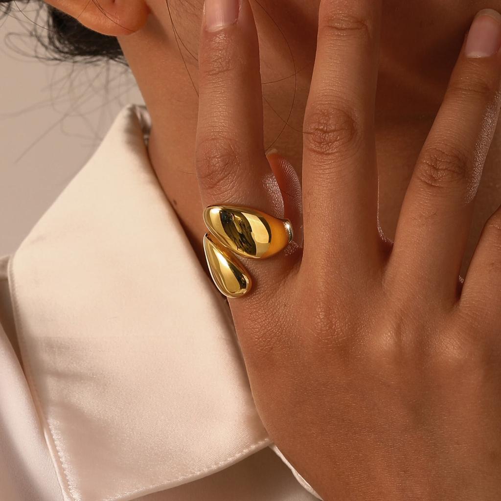 Vnox Waterdrop Ends Ring for Women Girls, Glossy Semi Round Gold Plated Metal Finger Band, Stackbale Fashion Rings