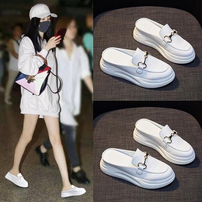 Летние женские шлепанцы с полупяткой на толстой подошве, со скрытым увеличением высоты, кожаные повседневные сандалии, женский комфорт