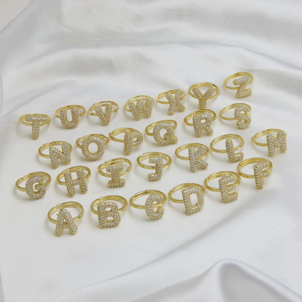 Sparkly CZ Zircon Letter Initial Finger Ring for Women Adjustable Gold Plated Balloon Bubble A-Z Alphabet Chunky Rings Jewelry