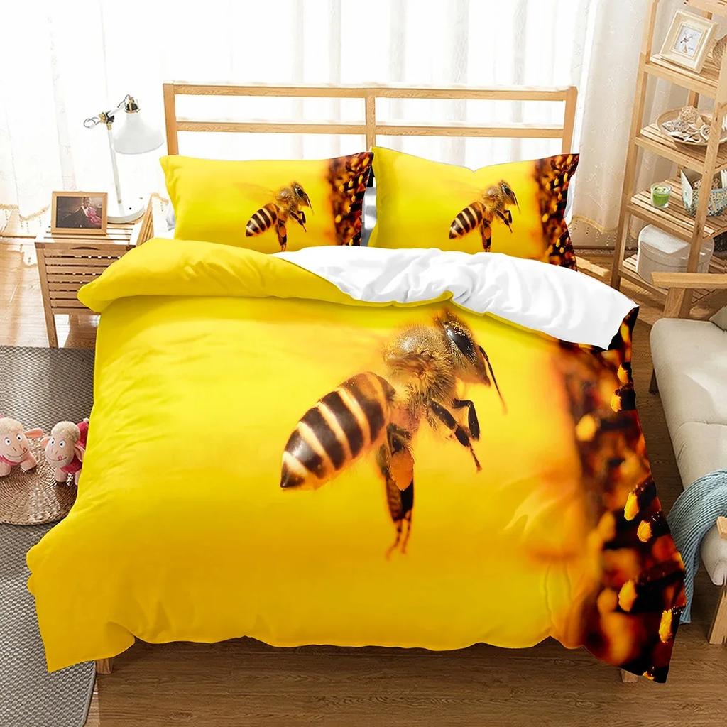 Yellow Bee Duvet Cover Set Cartoon Wild Animals Pattern Quilt Cover With Pillowcase Lightweight Soft Gift King Queen Full Size