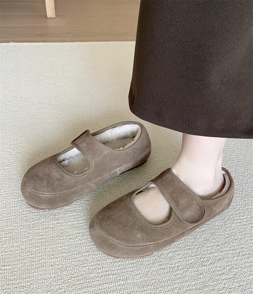 Шерстяные ретро Мэри Джейн на плоской подошве Шерстяные одинарные туфли женские 2025 осень и зима бархатные туфли Birkenbeanie