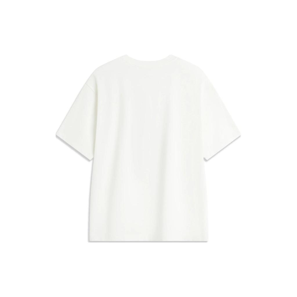 Li Ning Sports Lifestyle Series Футболка женская с принтом букв, круглым вырезом, свободного кроя, с коротким рукавом, со спущенным плечом, цвет молочный белый AHSU348-1