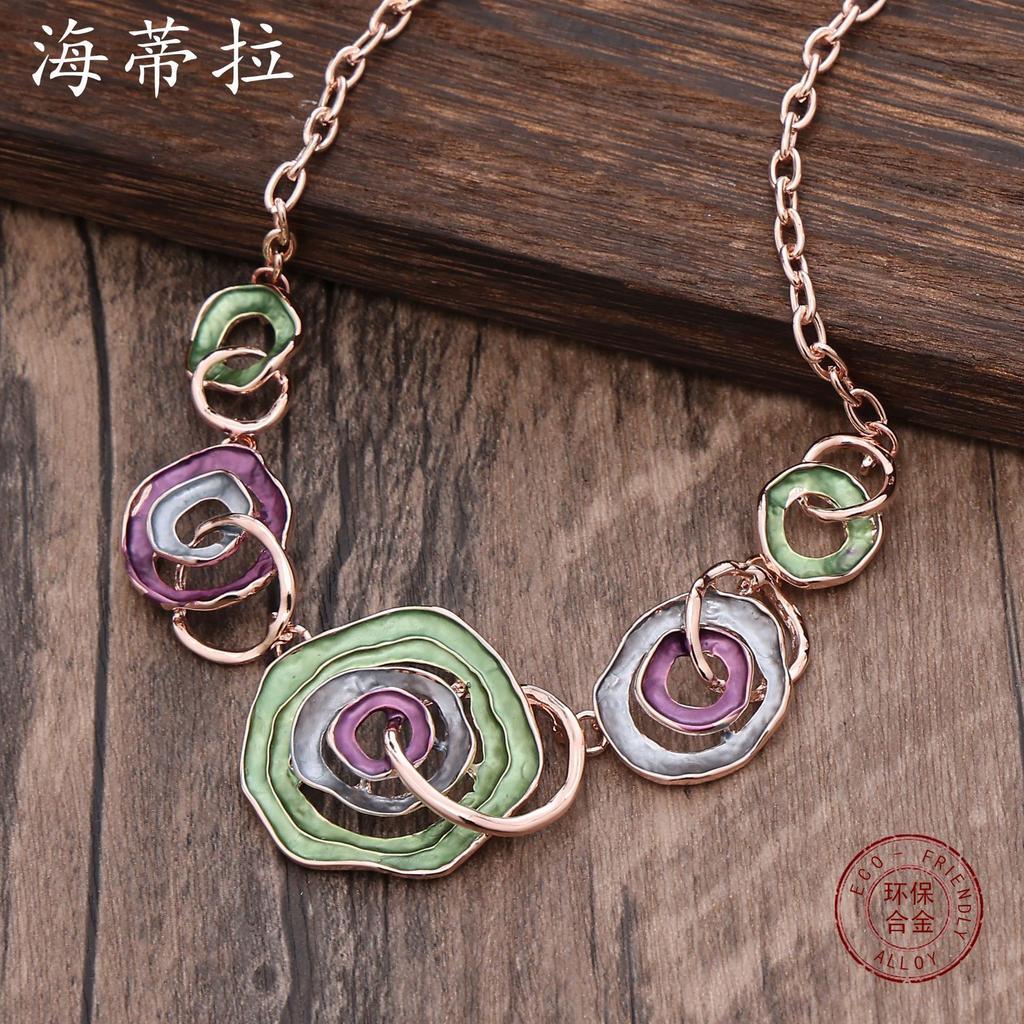Новое цветное масло, геометрическое кольцо, ожерелье с цветком, модная и высококлассная полая линия, женская шейная цепочка