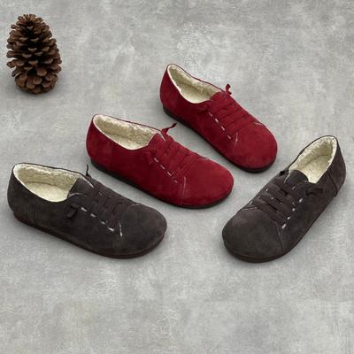 Ретро плюшевые женские туфли коровья замша плоская подошва замшевые повседневные эластичная резинка теплые хлопковые туфли