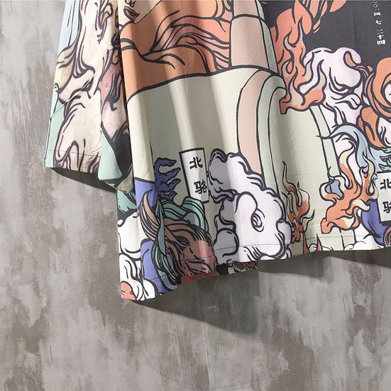 Men Shirt Chinese Style Print 3/4 Sleeve Relaxed Fit Streetwear Japanese Loose Stand Collar Kimono Top Men Clothing