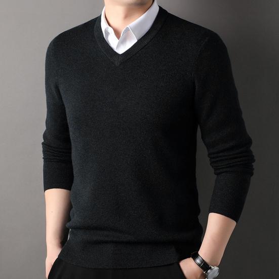 Осень-зима мужской свитер с V-образным вырезом, трикотажный однотонный эластичный пуловер средней длины, формальный деловой стиль, свитер
