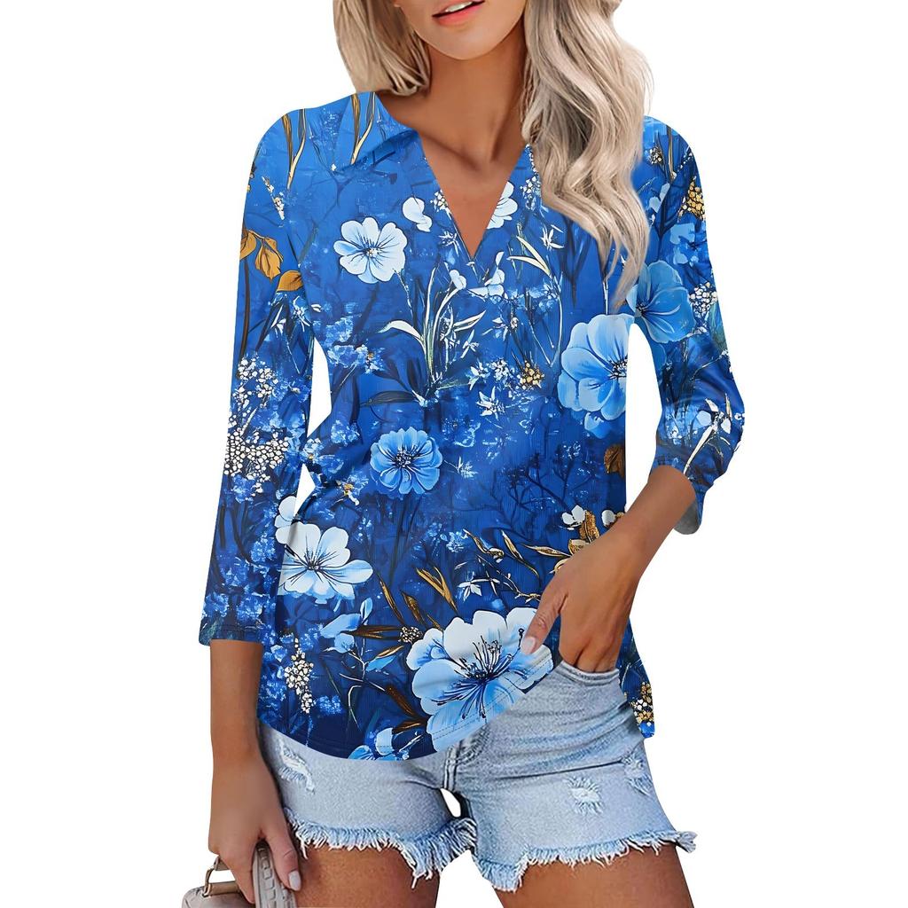 Женская мода повседневная рубашка с лацканами и рукавом 3/4 с принтом, женские топы с V-образным вырезом