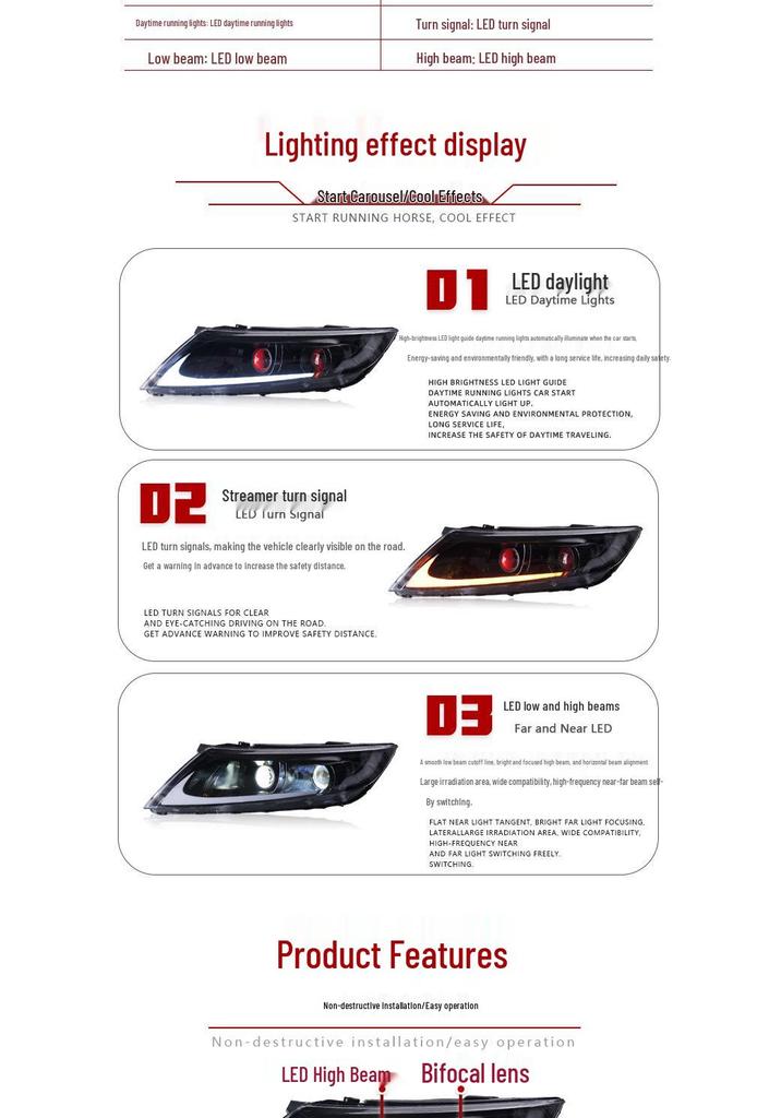 Светодиодная фара в сборе для Kia K5 2014-2015 с 'глазом дьявола', дневными ходовыми огнями и динамическим поворотником