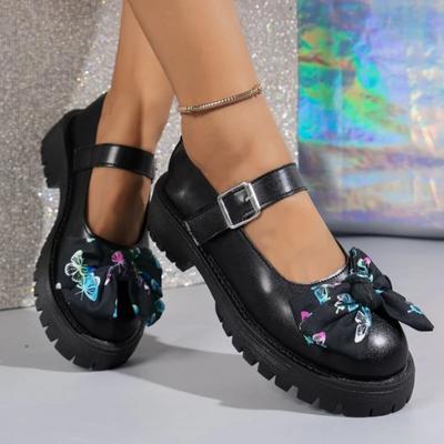 Мода 2024 Обувь высокого качества Женская с круглым носком Женские туфли-лодочки Осень Британский стиль Бант Пряжка Платье Блочный каблук Большой размер Туфли с мелким вырезом