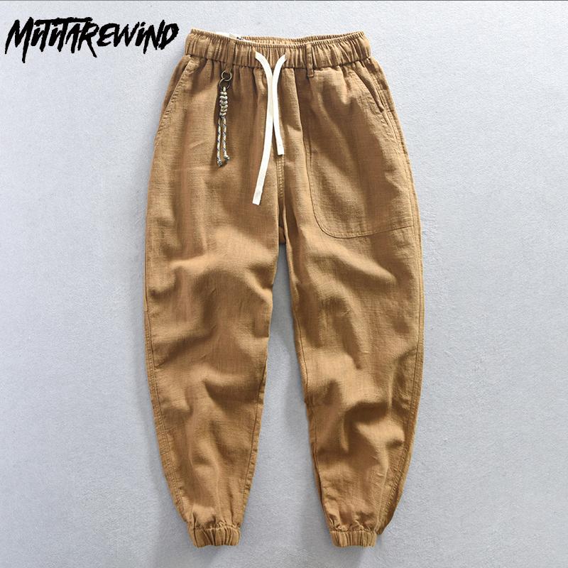 Spring and Summer Cotton Linens Pants for Men Streetwear Casual Cargo Pants Solid Ankle-Tied Drawstring Elastic Waist Men Trousers Japanese Loose Pant
