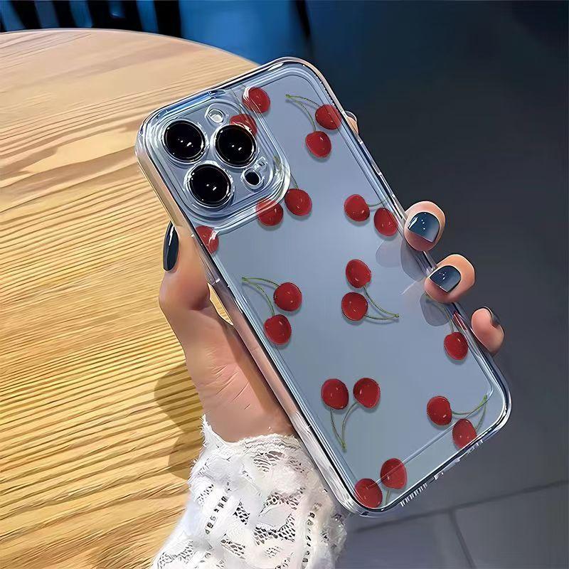 Niche Full Screen Cherry Suitable for IPhone16promax Mobile Phone Case Simple Thickened Transparent Apple 15 Anti Fall 14