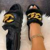 European and American New Thick-bottomed One-word Wool Slippers Foreign Trade Large-size Cross-border Metal Chain Cotton Drag Women