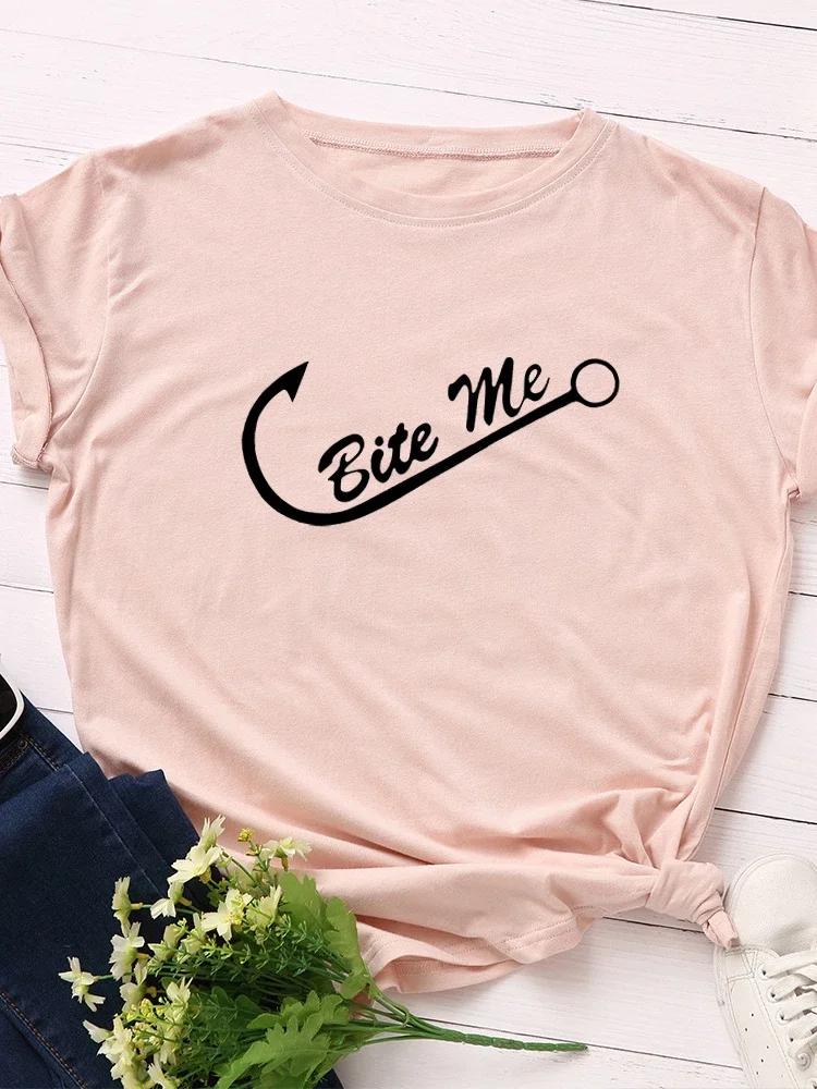 Укуси меня Принт Рыболовный Крючок Женская Футболка Короткий Рукав Круглый Вырез Свободная Женская Футболка Женская Футболка Топы Одежда Camisetas Mujer